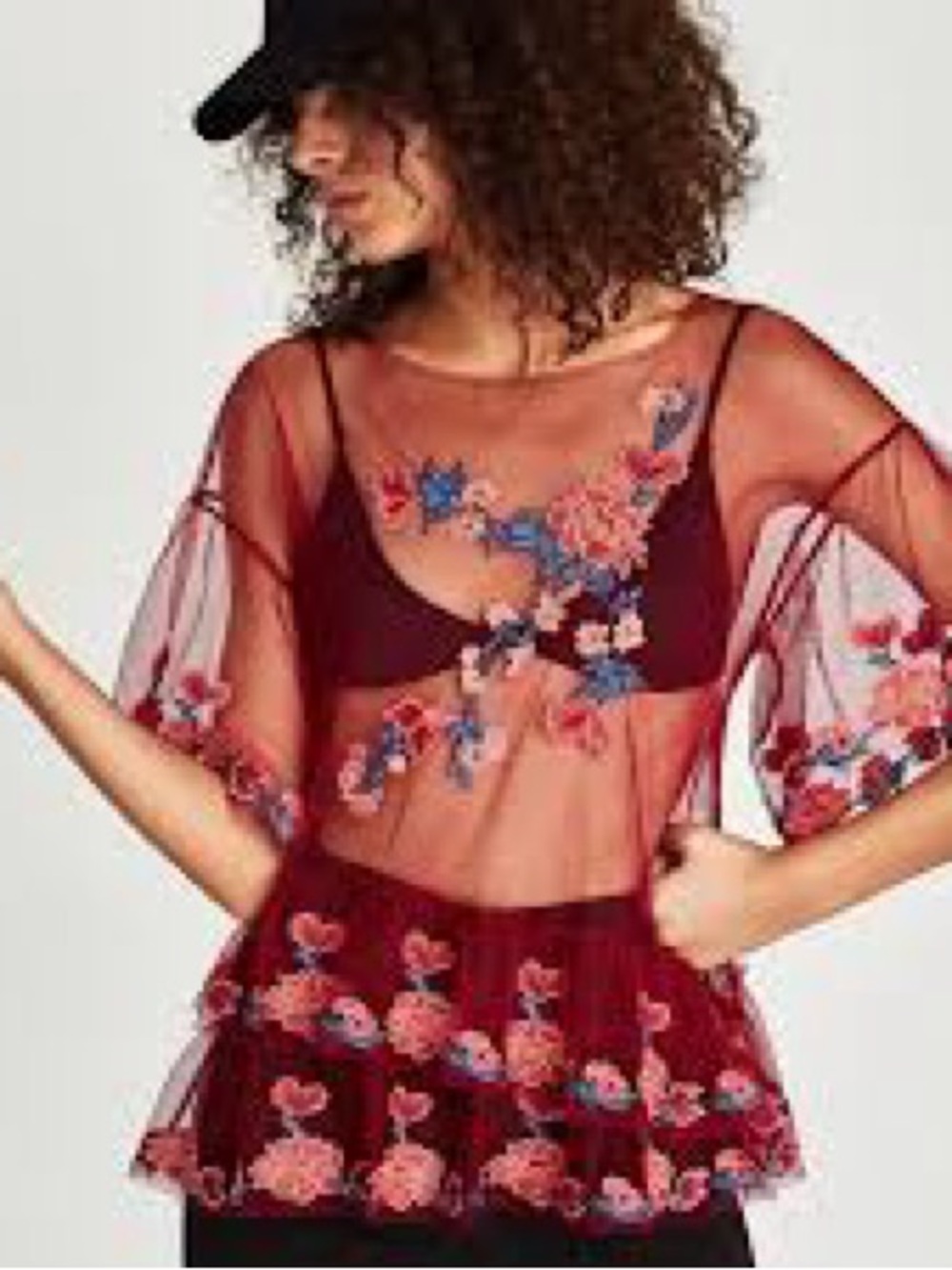 Sheer Embroidered Maroon Zara Top with Floral detail